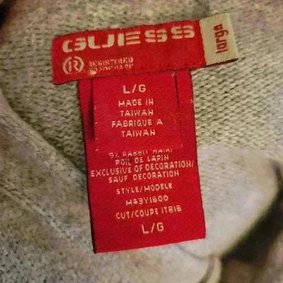 Vintage Guess Hoodie Sweater Gray Patchwork Crest Logo Pullover Henley Hooded L - Picture 9 of 10